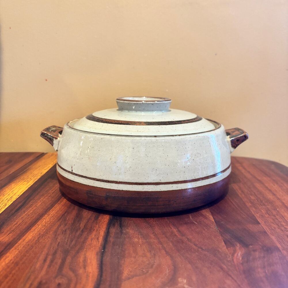 Vtg Otagiri Japan Sierra 1.25qt Casserole Stoneware Round Handles Cream Brown